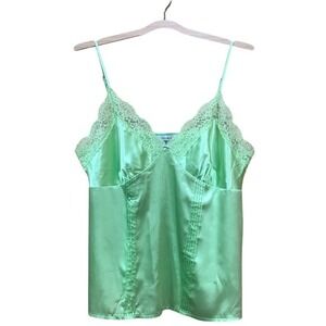 Lace Satin Babydoll Cami Top Women’s L Green Y2K Sleeveless Adjustable Straps